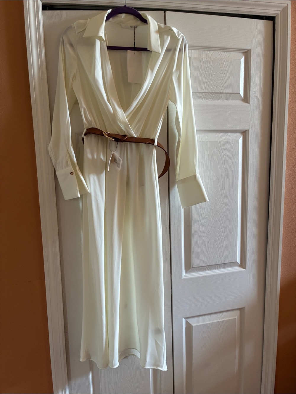 Zara Ivory Long Sleeve Midi Dress with Brown Belt